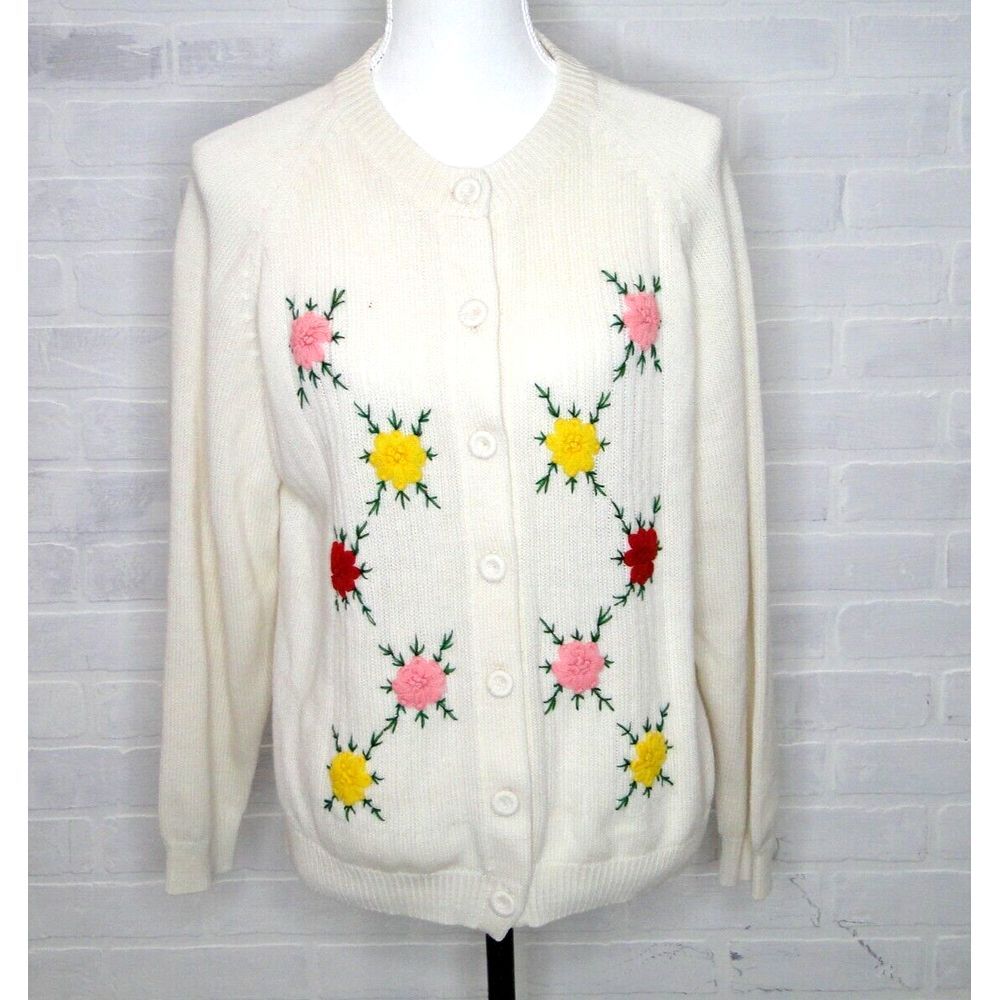 Vintage Cardigan Size‎ 46 Hand Embroidered Boho Lagenlook Granny Floral 50s 60s